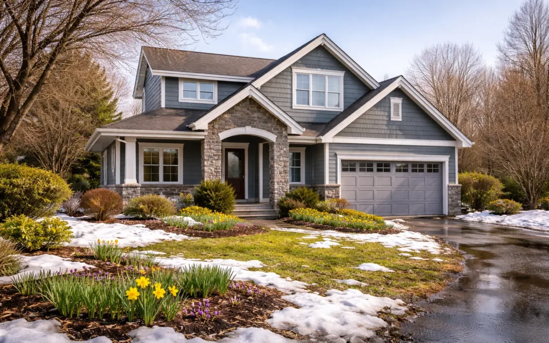 Calgary home exterior in early spring with melting snow and blooming flowers, showcasing proper insulation conditions and seasonal attic inspection timing for improved energy efficiency
